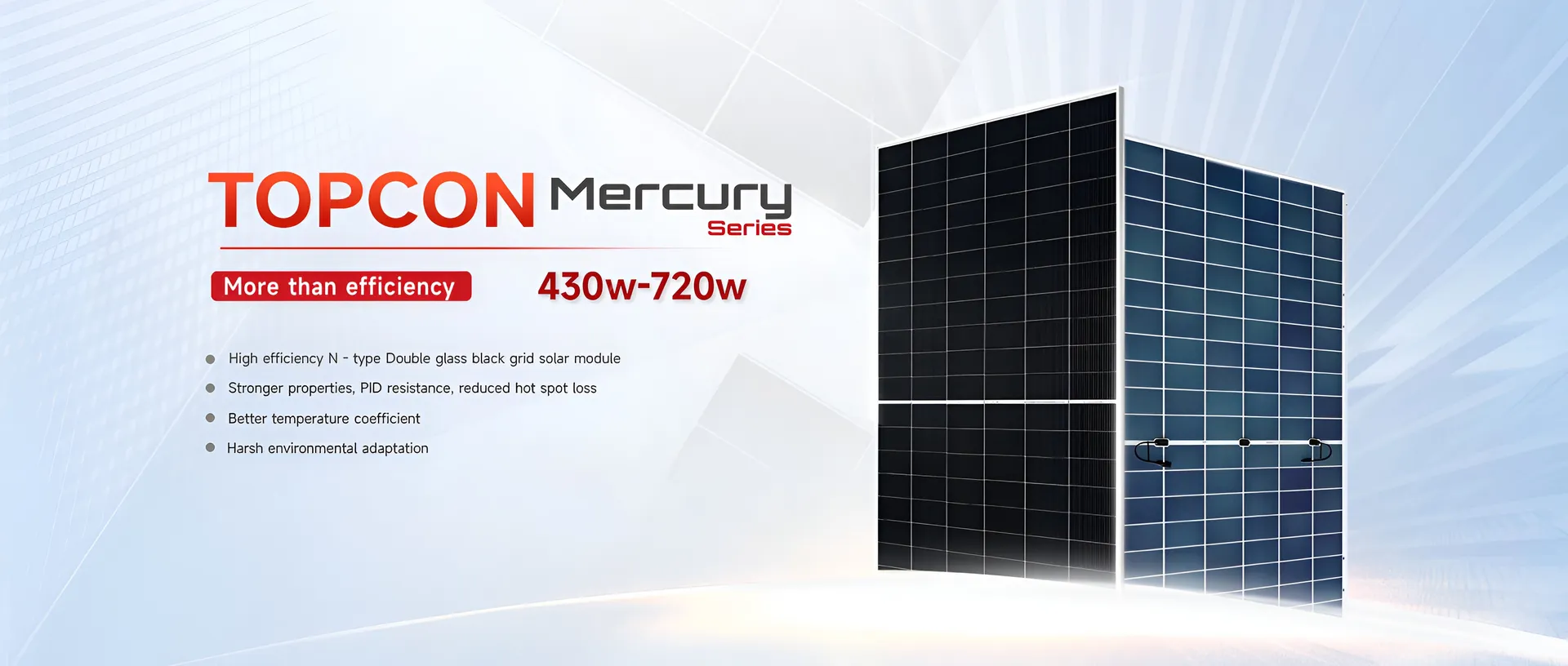 Двосторонні сонячні панелі N-type TOPCON Mercury Series 430-720Вт: високоефективні модулі Q-SUN